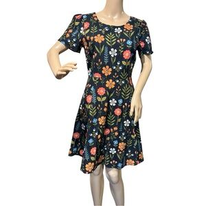Floral Fit-and-Flare Dress in Black with Orange & Red Blooms